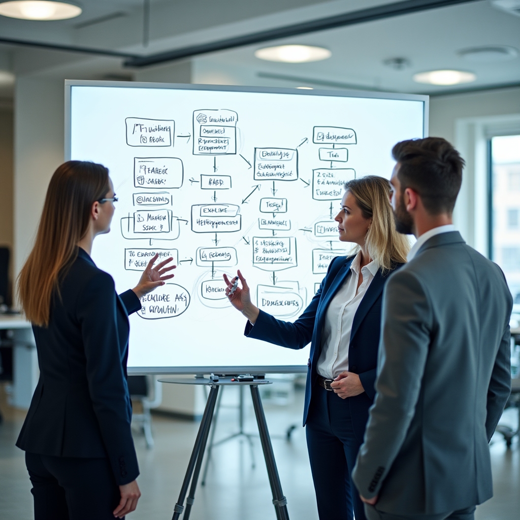 Tím pri whiteboarde mapuje toky dát medzi oddeleniami